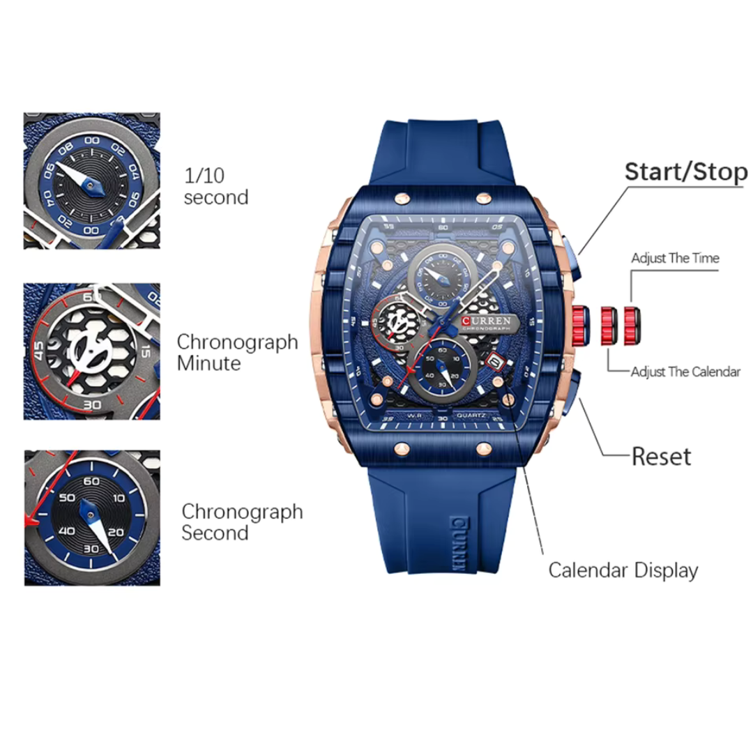 CURREN Business Montres carrées uniques avec grand cadran Sport Quartz Bandes en silicone